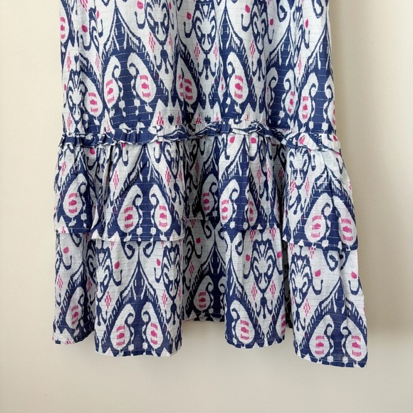 La Plage Sarah Ikat Print Maxi Dress XS Ruffle Navy Fuchsia - Picture 4 of 9